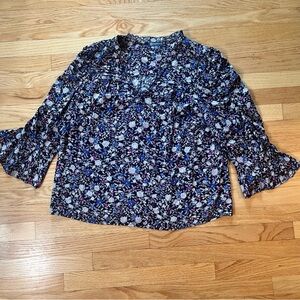 Democracy Floral Drapey V Neck Blouse Ruched Sleeve Fluted Cuff Size XL